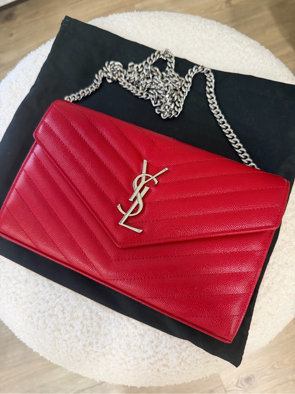 Saint Laurent Red Chevron Quilted Leather Chain Crossbody